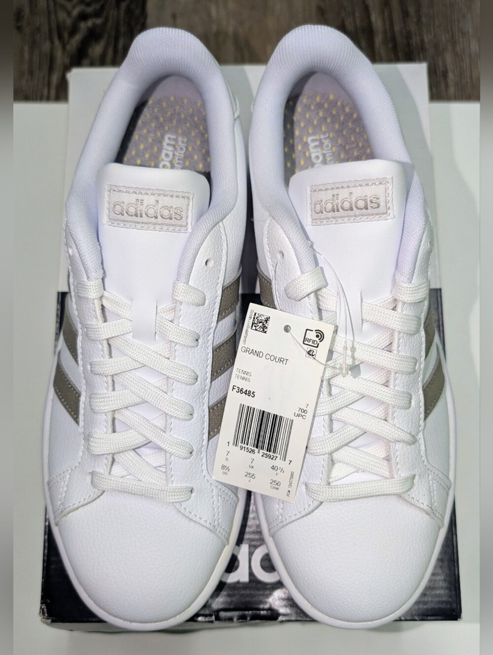 Grand Court Adidas White Sneakers with Metallic Silver Stripes NWT